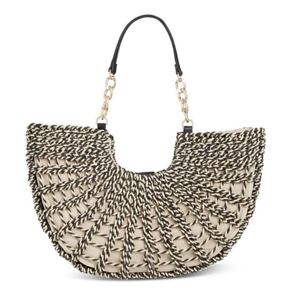 INC Ivah extra large chain woven straw tote - Black / Cream - Picture 1 of 5